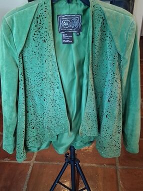 Chi By FALCHI Green Laser-Cut Suede Open Blazer